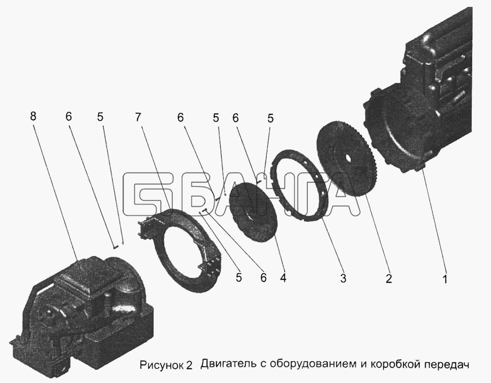 АМАЗ МАЗ-103 Схема Двигатель с оборудованием и коробкой передач