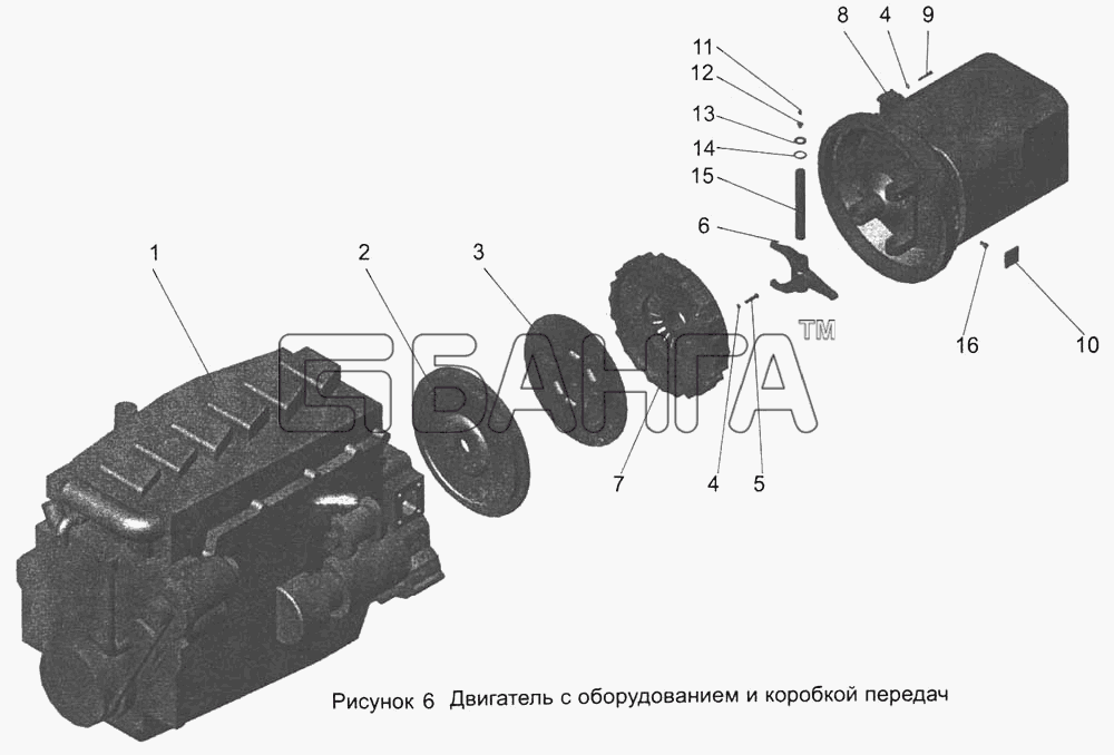 АМАЗ МАЗ-103 Схема Двигатель с оборудованием и коробкой передач