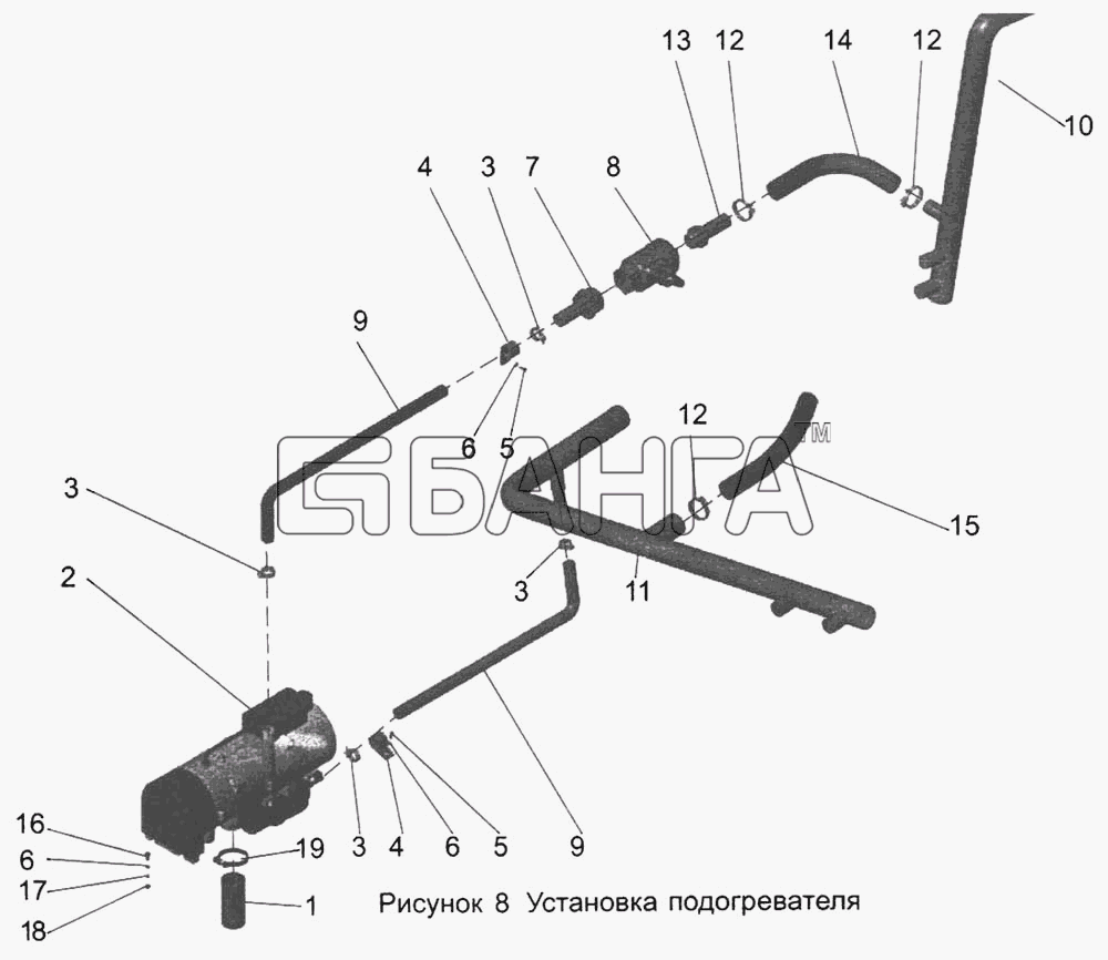 АМАЗ МАЗ-103 Схема Установка подогревателя 103-1000022-01-10 banga.ua