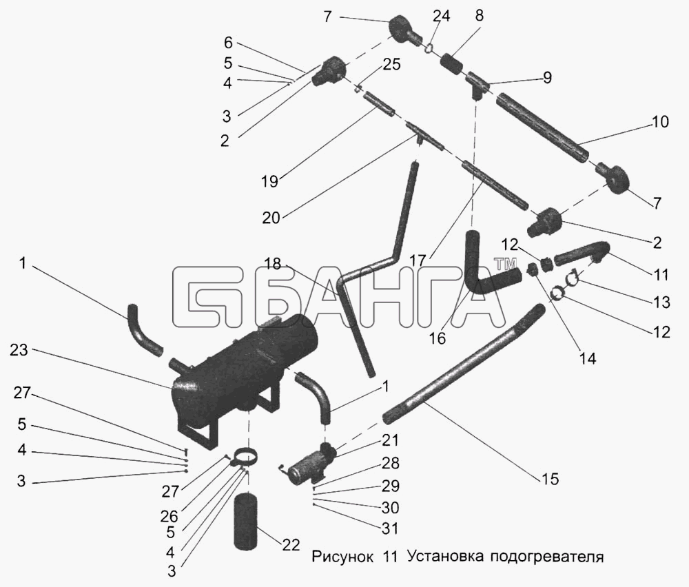 АМАЗ МАЗ-103 Схема Установка подогревателя 104С-1000022-13 banga.ua