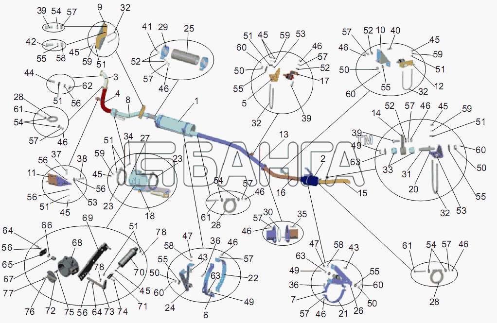 АМАЗ МАЗ-256 (вариант) Схема Установка системы выпуска отработавших