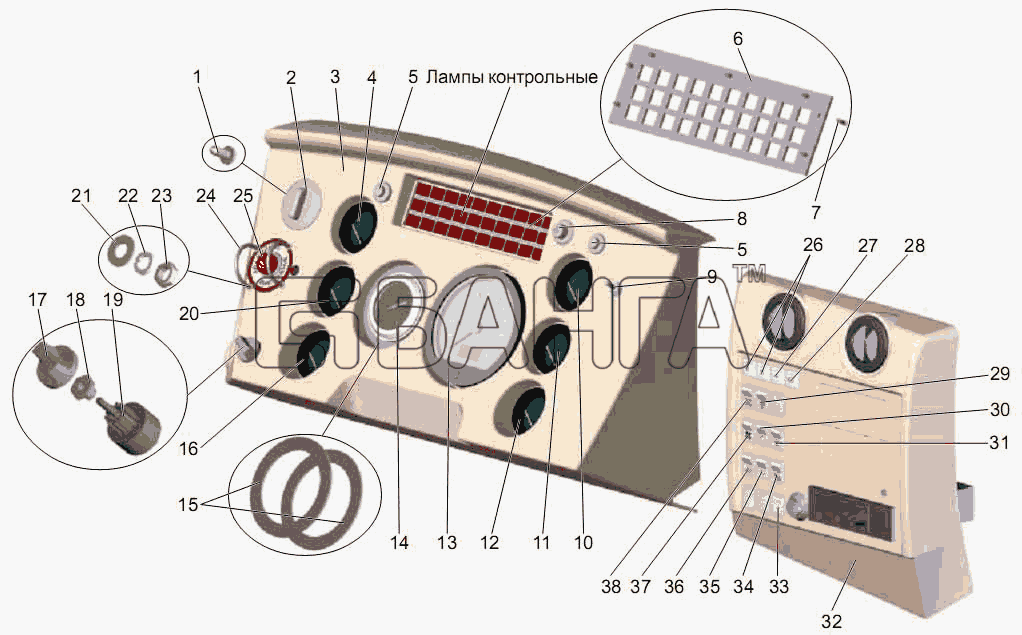АМАЗ МАЗ-256 (вариант) Схема Панели центральная и правая-3 banga.ua