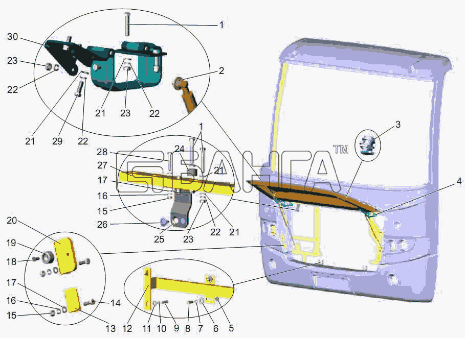 АМАЗ МАЗ-256 (вариант) Схема Установка крышки моторного отсека-10