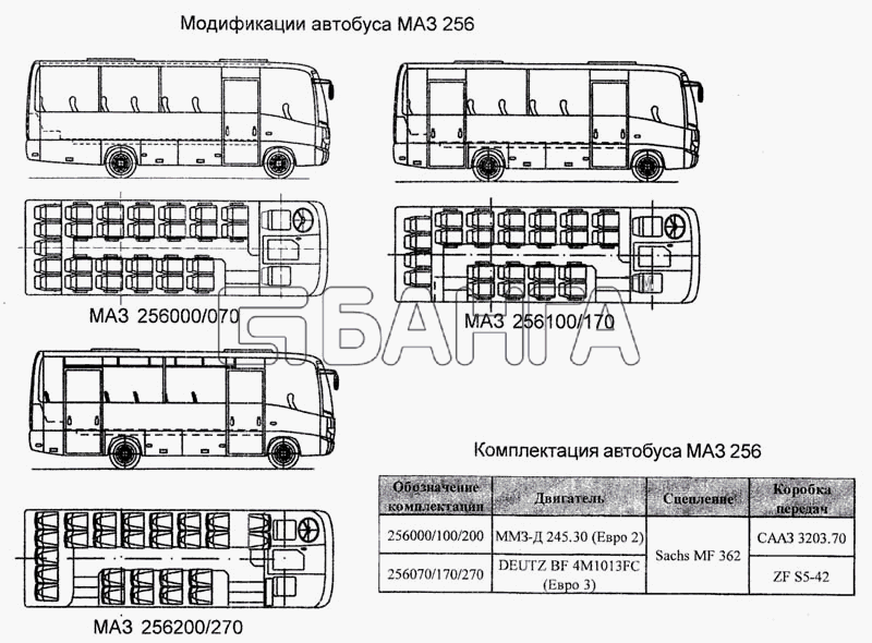 АМАЗ МАЗ-256 Схема Модификации автобуса МАЗ 256. Комплектация banga.ua