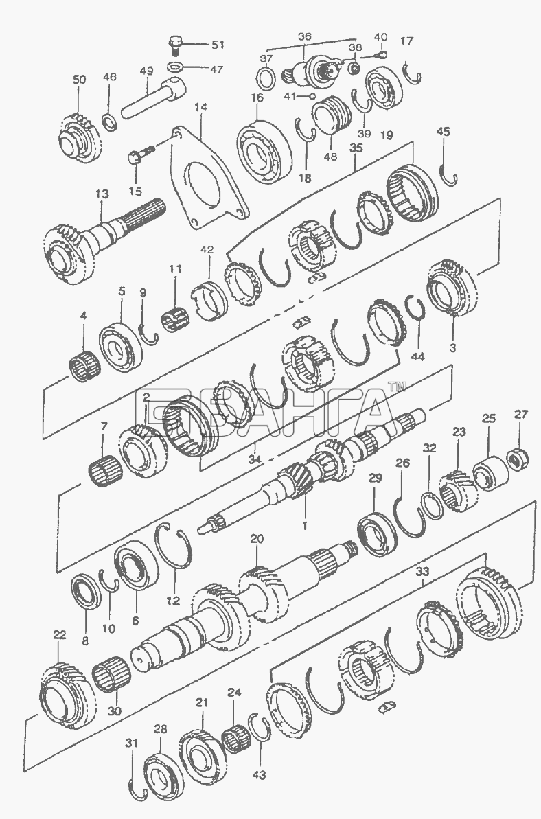 BAW BAW-33463 Tonik Схема Валы и шестерни КПП-56 banga.ua