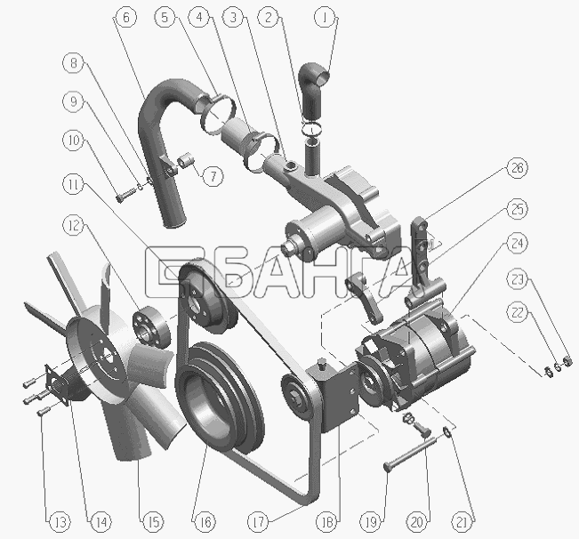 BAW Двигатель BAW-1044 E2 Схема Fan and Cooling Water Pump-15 banga.ua