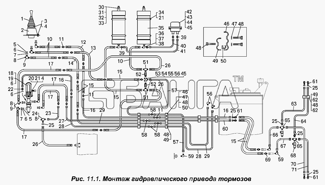 БелАЗ БелАЗ-7513 Схема Монтаж гидравлического привода тормозов-93