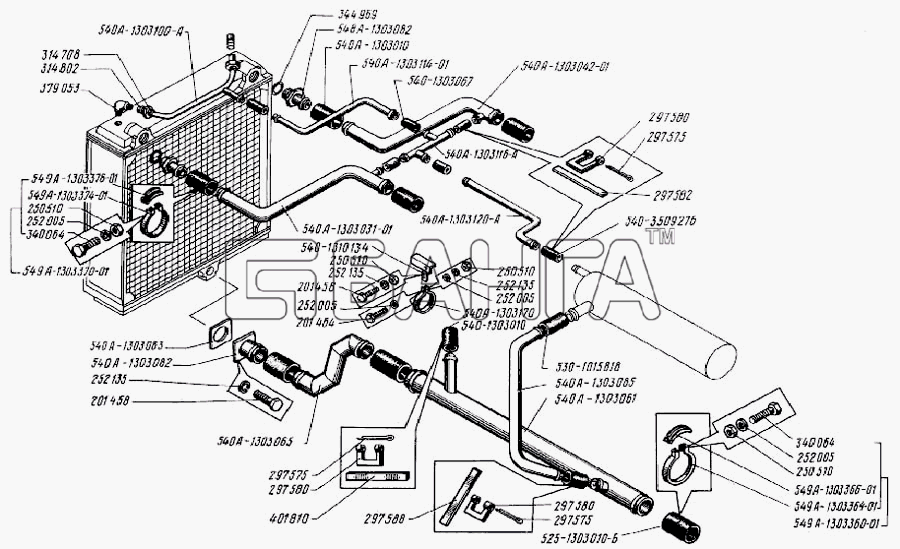 БелАЗ Общий (см. мод-ции) Схема Трубопроводы системы охлаждения-65