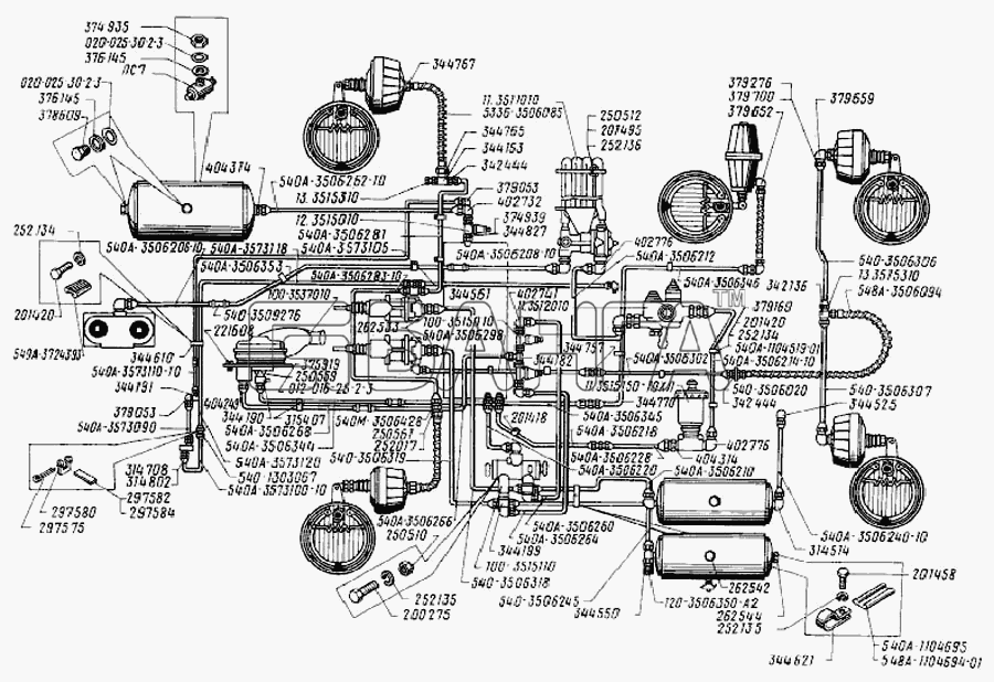 БелАЗ Общий (см. мод-ции) Схема Трубопроводы пневматического привода