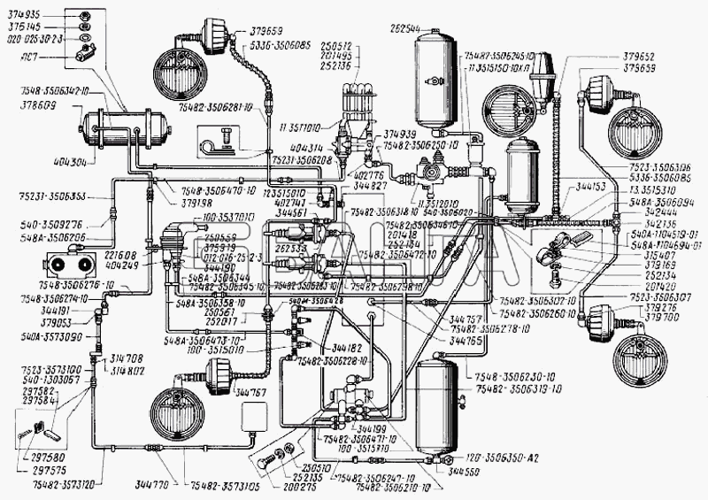 БелАЗ Общий (см. мод-ции) Схема Трубопроводы пневматического привода