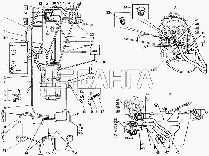 БелАЗ БелАЗ-7555A Схема Установка трубопроводов опрокидывающего