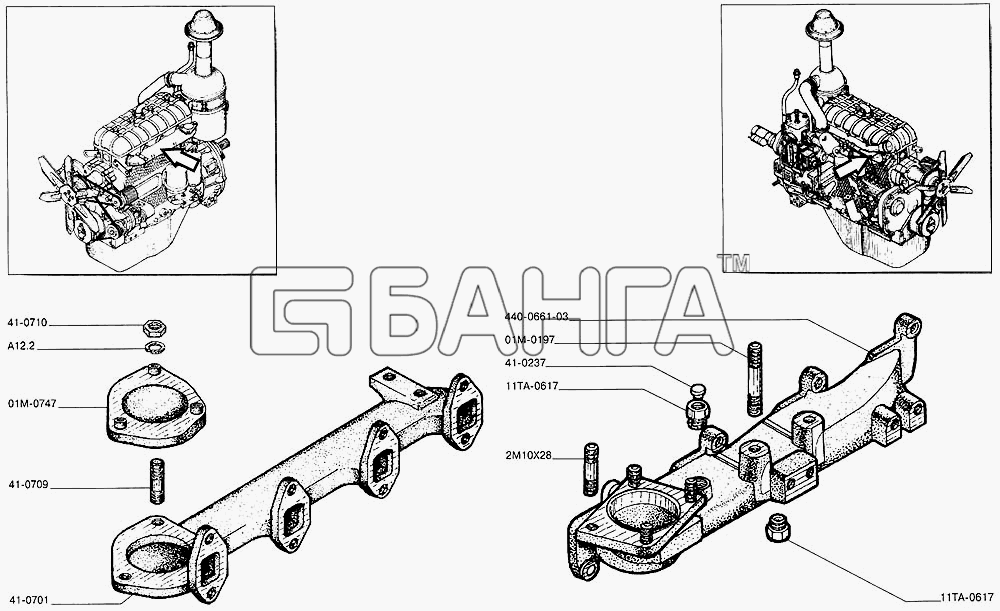 Алтайдизель А-41 Схема Коллекторы выпускной (слева) впускной banga.ua