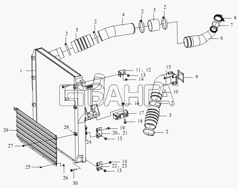 FAW CA-4180 (P66K22A) Схема Промежуточный охладитель трубопровод