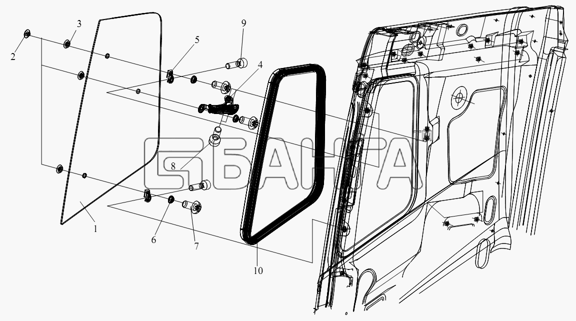 FAW CA-4180 (P66K2A) Схема Стекло бокового окна типа открывания