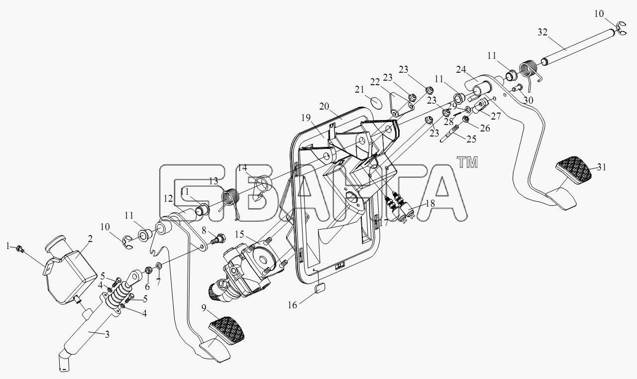FAW CA-4180 (P66K2A) Схема Тормозная педаль с тормозным клапаном и