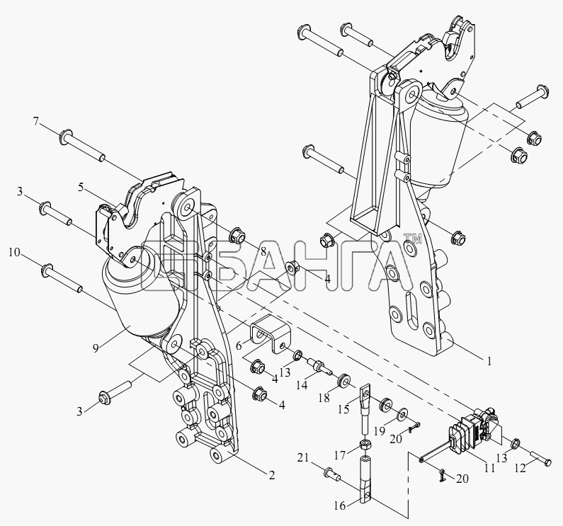 FAW CA-4250 (P66K22T1A1EX) Схема Устройство задней подвески кабины (II