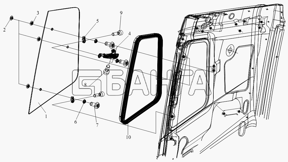 FAW CA-4250 (P66K22T1A1EX) Схема Стекло бокового окна типа открывания