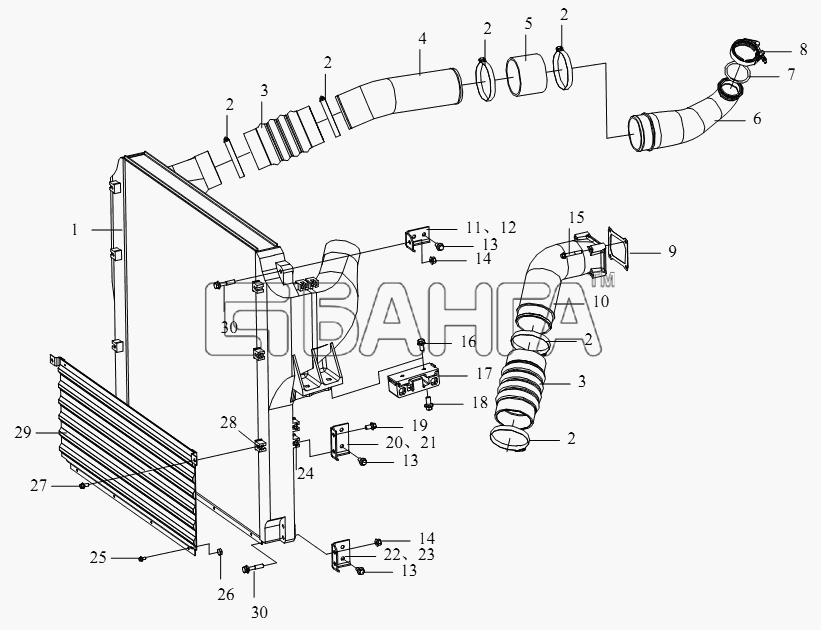 FAW CA-4250 (P66K22T1A1EX) Схема Промежуточный охладитель трубопровод