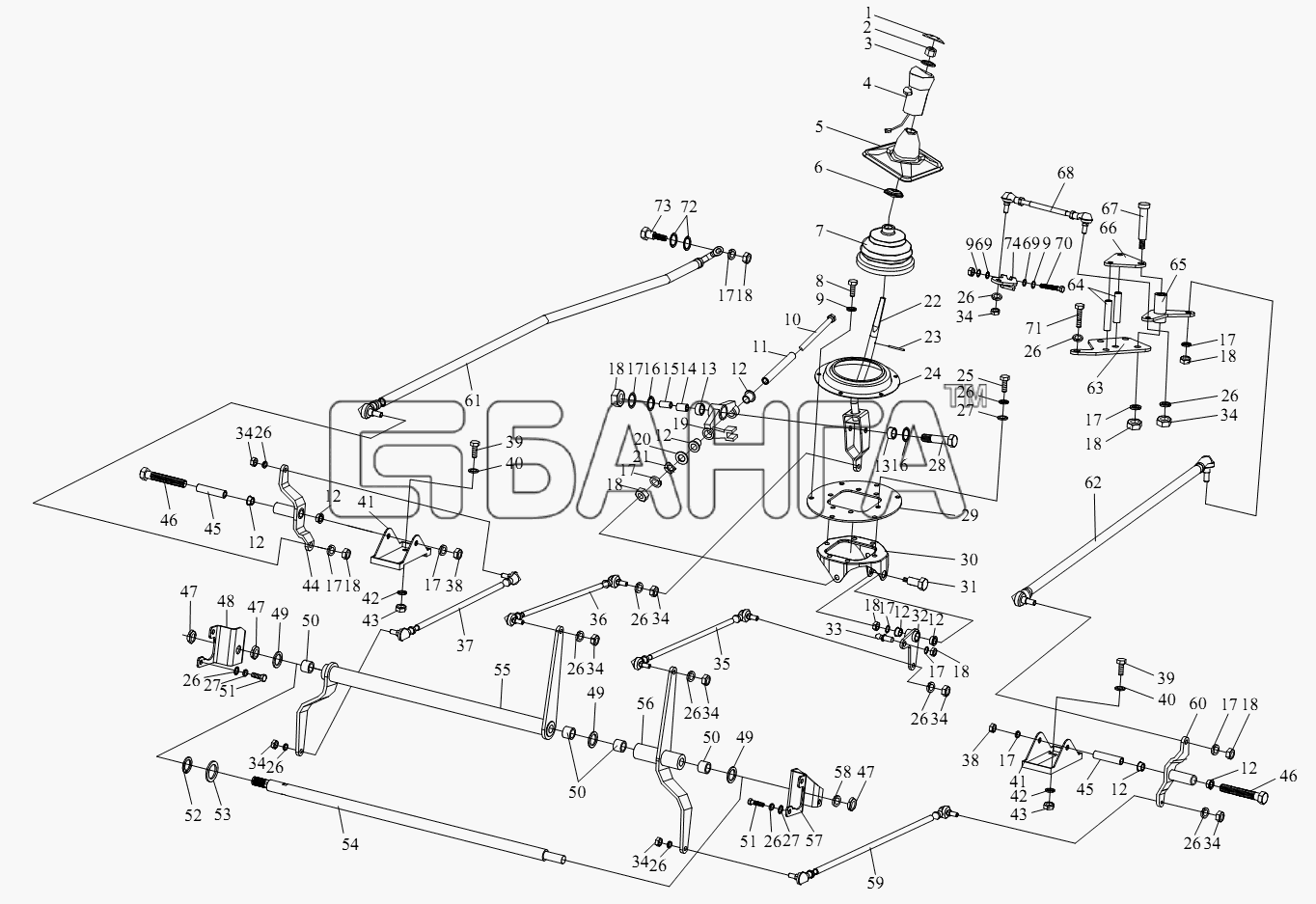FAW CA-3252 (P2K2BT1A) Схема Управляющий механизм рычага передач-123