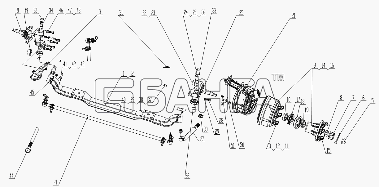 Foton BJ1039 BJ1049 (Aumark III) Схема Передний вал 1S10393000118-128