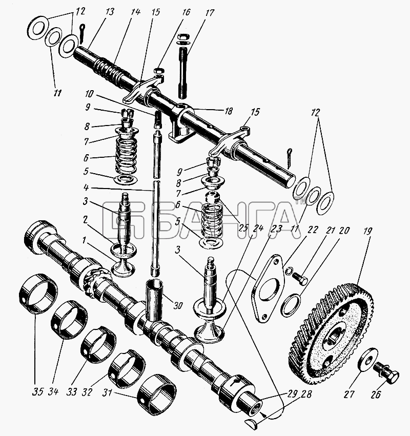ГАЗ ГАЗ-21 (каталог 69 г.) Схема Распределительный вал клапаны и