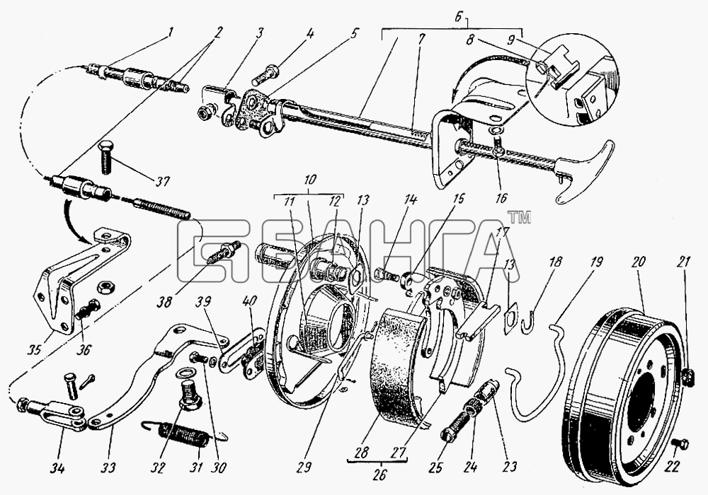 ГАЗ ГАЗ-21 (каталог 69 г.) Схема Центральный тормоз и управление