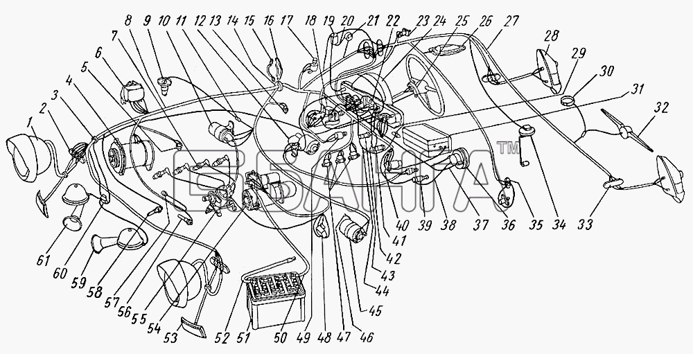 ГАЗ ГАЗ-21 (каталог 69 г.) Схема Схема электрооборудования (с правым
