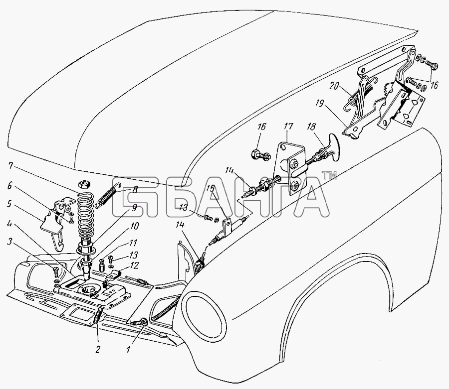 ГАЗ ГАЗ-21 (каталог 69 г.) Схема Замок и привод замка капота-25
