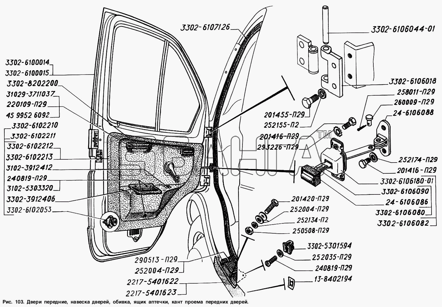 ГАЗ ГАЗ-2217 (Соболь) Схема Двери передние навеска дверей обивка ящик