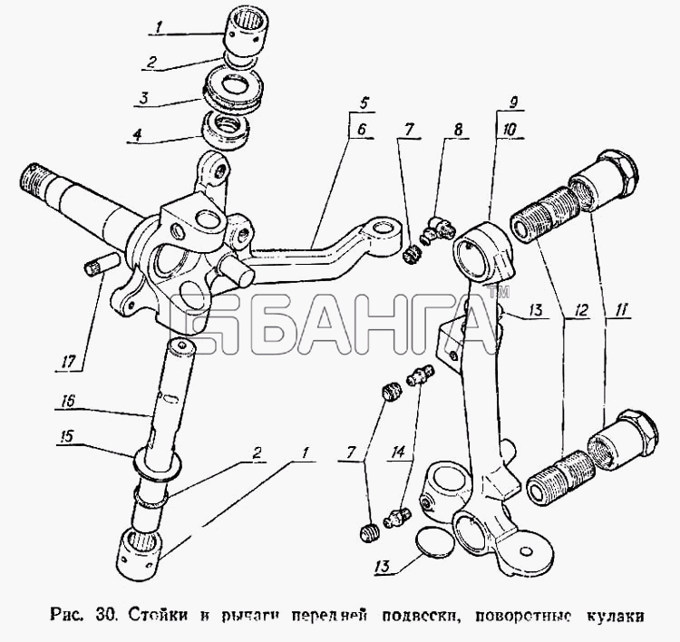 ГАЗ ГАЗ-3102 Схема Стойки и рычаги передней подвески поворотные