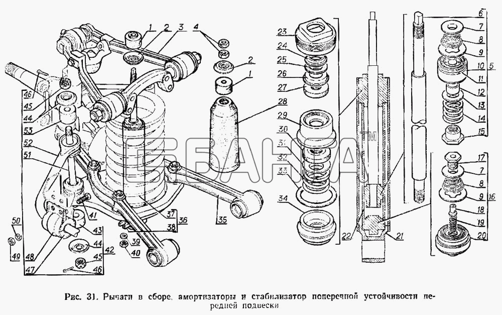 ГАЗ ГАЗ-3102 Схема Рычаги в сборе амортизаторы и стабилизатор banga.ua
