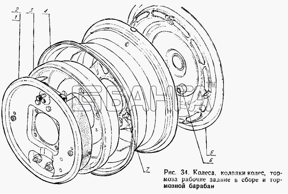 ГАЗ ГАЗ-3102 Схема Колеса колпаки колес тормоза рабочие задние