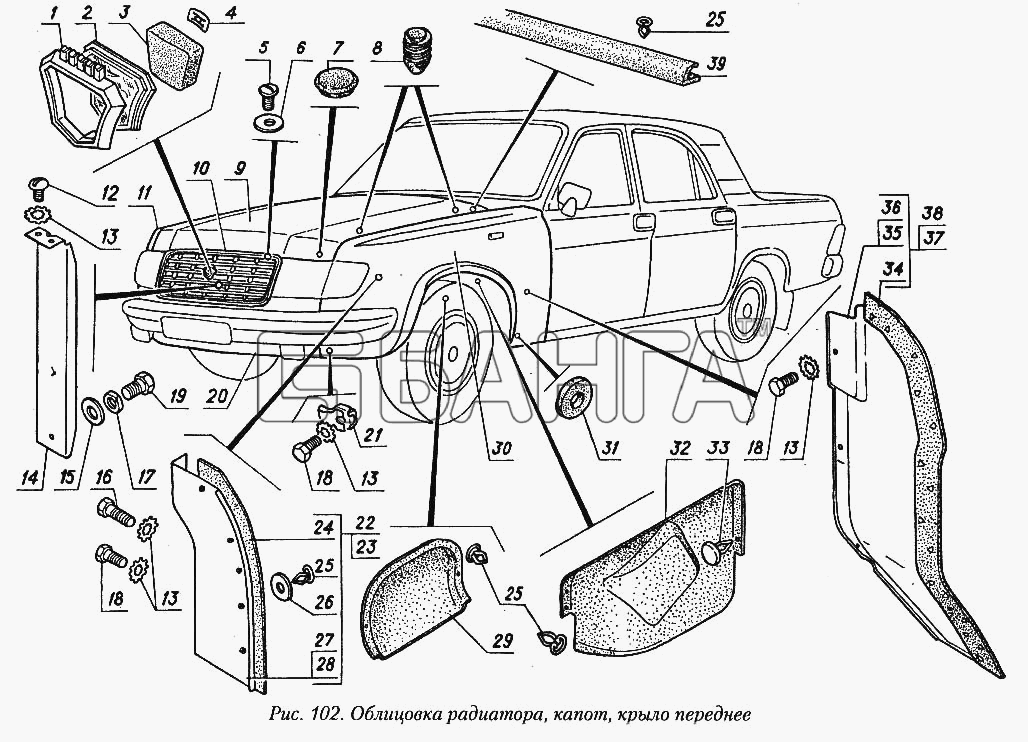 ГАЗ ГАЗ-31029 Схема Облицовка радиатора капот крыло переднее-35