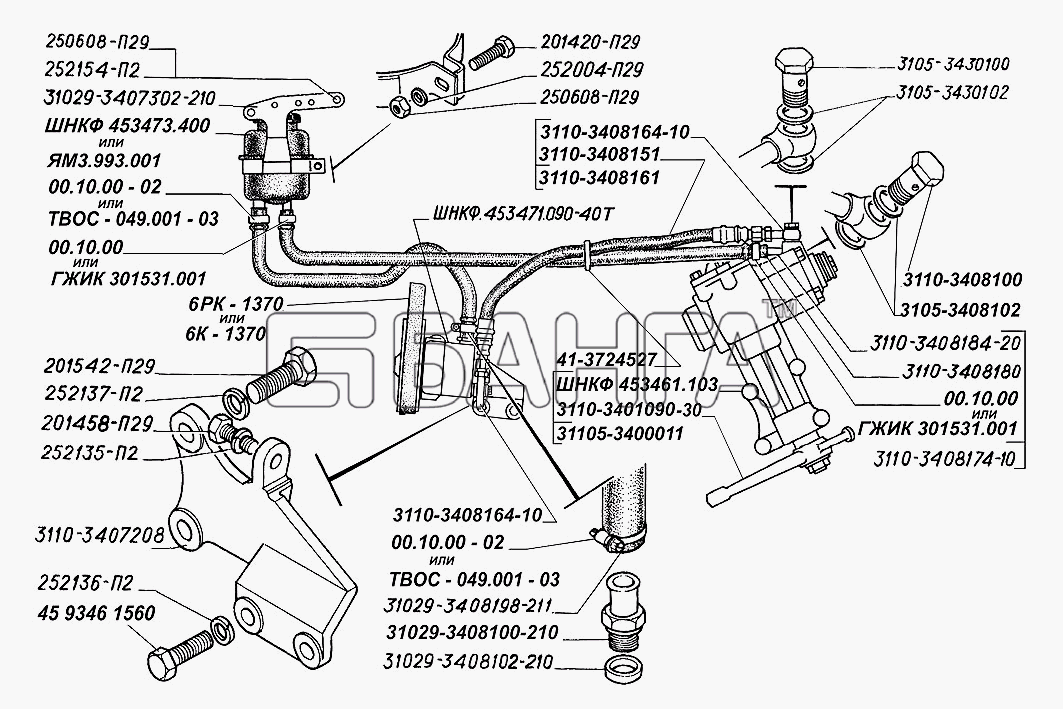 ГАЗ ГАЗ-31105 Схема Насос бачок и шланги гидроусилителя руля banga.ua