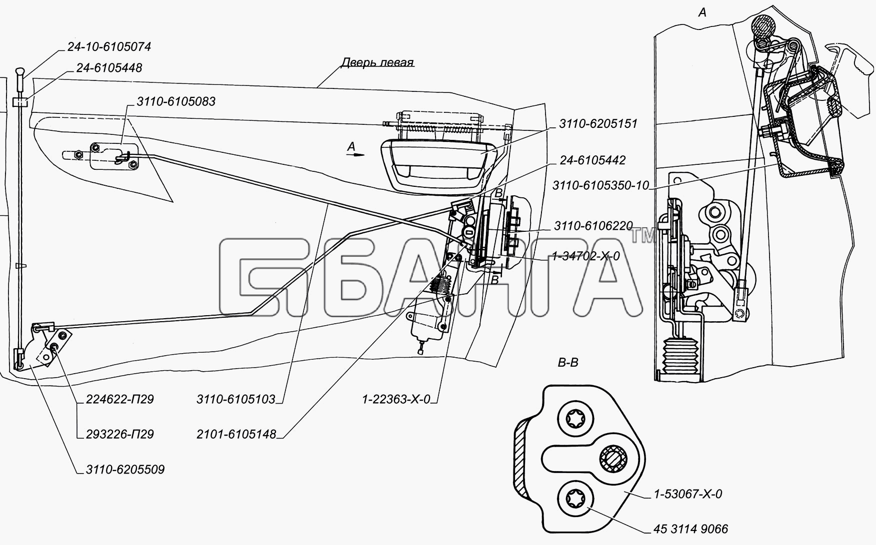 ГАЗ ГАЗ-31105 Схема Установка замков и приводов замков задних banga.ua