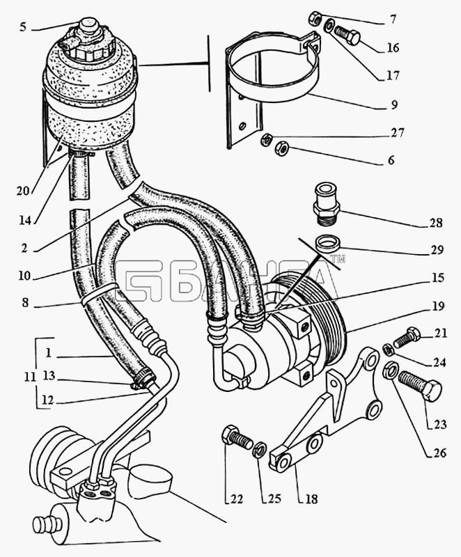 ГАЗ ГАЗ-3111 Схема Насос бачок и шланги рулевого гидроусилителя