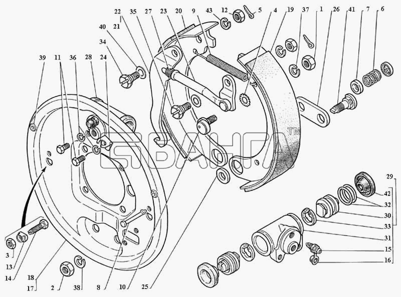 ГАЗ ГАЗ-3111 Схема Щит колодки с накладкой колесный цилиндр banga.ua