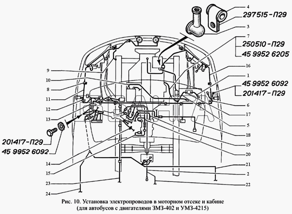 ГАЗ ГАЗ-3221 Схема Установка электропроводов в моторном отсеке