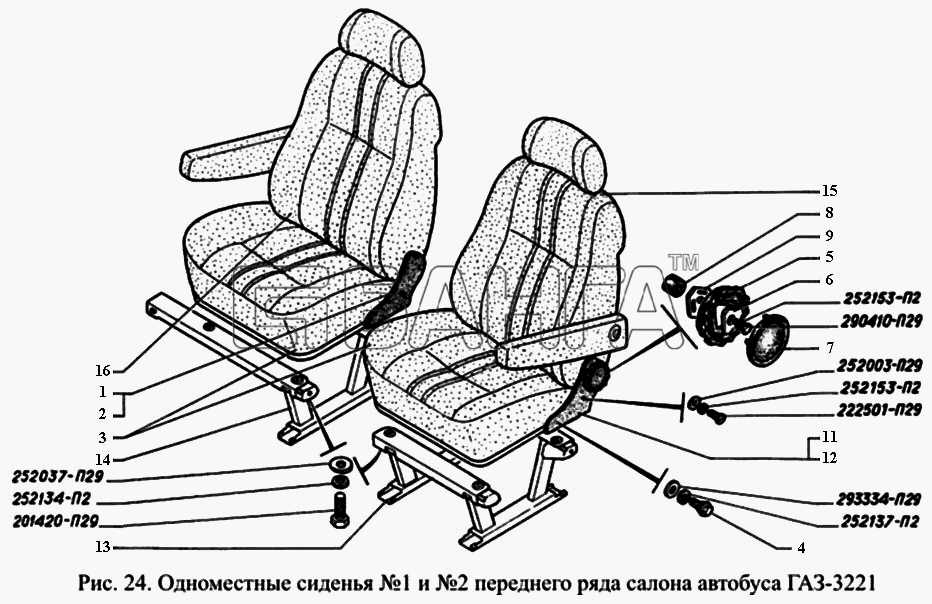 ГАЗ ГАЗ-3221 Схема Одноместные сиденья 1 и 2 переднего ряда banga.ua