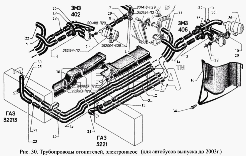 ГАЗ ГАЗ-3221 Схема Трубопроводы отопителей электронасос (для banga.ua
