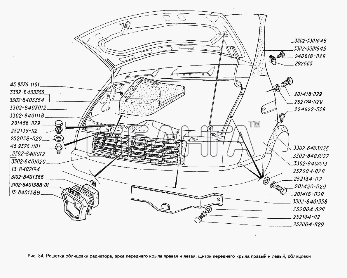 ГАЗ ГАЗ-3302 (ГАЗель) Схема Решетка облицовки радиатора арка переднего