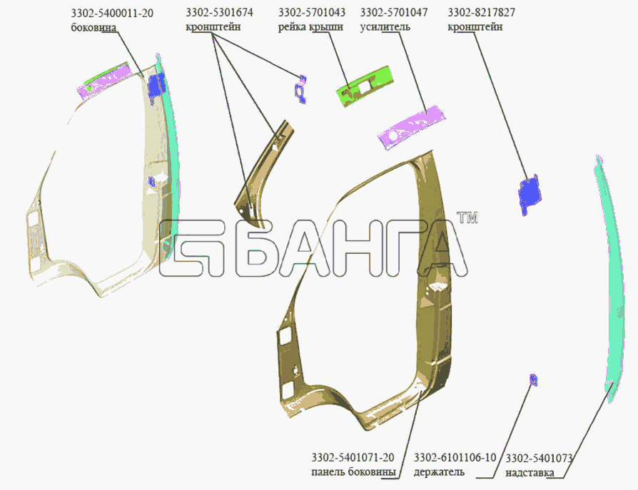 ГАЗ ГАЗ-3302 (Кузовные дет.) Схема Боковина-40 banga.ua