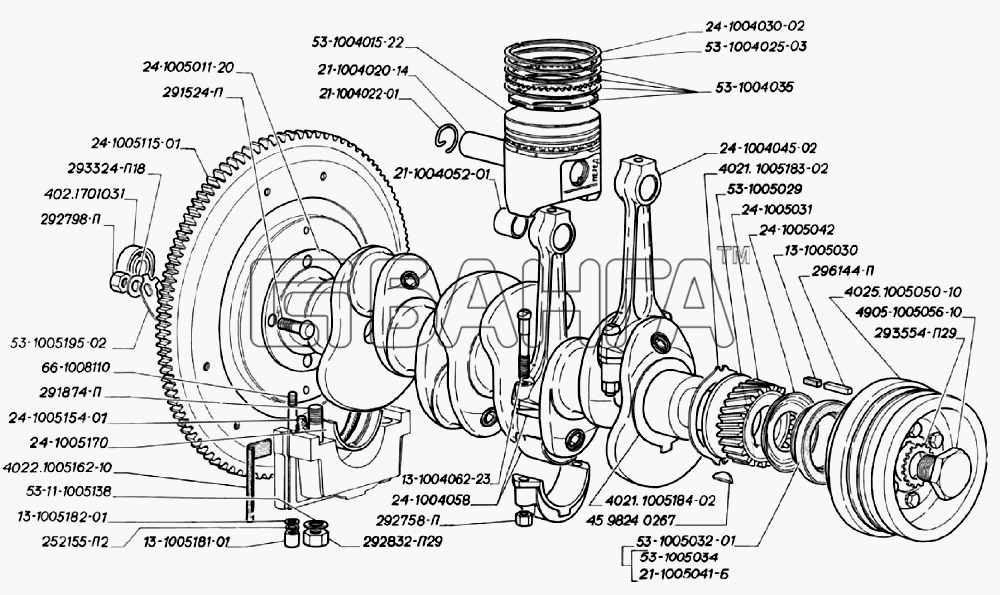 ГАЗ ГАЗ-3302 (2004) Схема Вал коленчатый поршни и шатуны двигателей