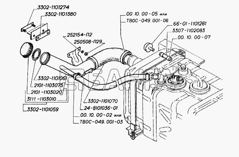 ГАЗ ГАЗ-3302 (2004) Схема Бак топливный пластмассовый с горловиной и