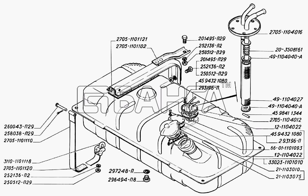 ГАЗ ГАЗ-3302 (2004) Схема Бак топливный металлический крепление
