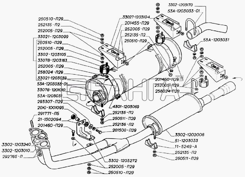 ГАЗ ГАЗ-3302 (2004) Схема Глушитель резонатор трубы и подвеска