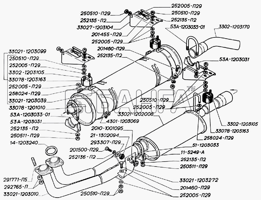 ГАЗ ГАЗ-3302 (2004) Схема Глушитель резонатор трубы и подвеска