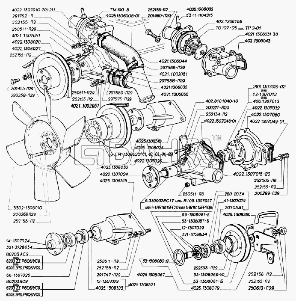 ГАЗ ГАЗ-3302 (2004) Схема Вентилятор насос водяной термостат датчик