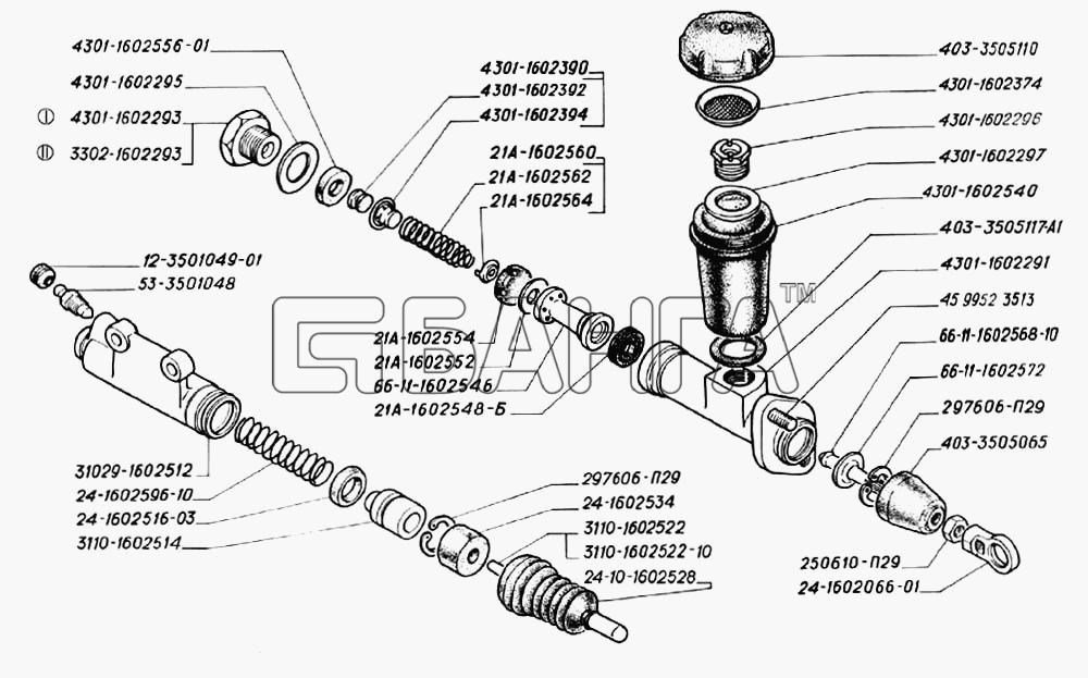 ГАЗ ГАЗ-3302 (2004) Схема Детали главного и рабочего цилиндров привода