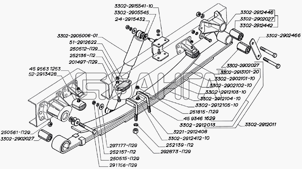 ГАЗ ГАЗ-3302 (2004) Схема Установка задней подвески. Рессора задняя
